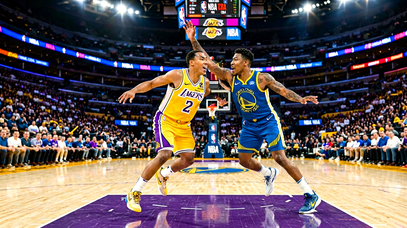 NBA职业篮球联赛比赛现场，灯光璀璨的球场与激烈对抗的球员